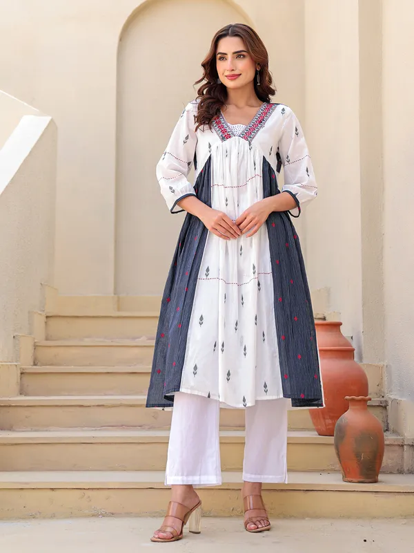 White and navy cotton printed kurti set
