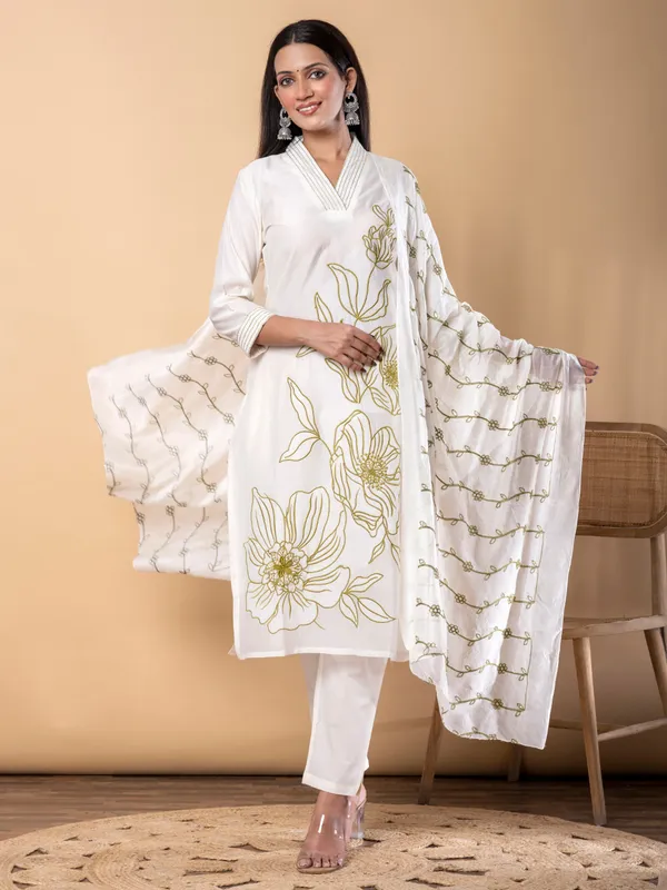 White and olive cotton kurti set with dupatta