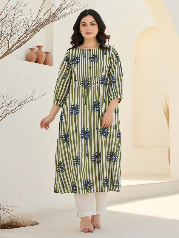 White and olive silk printed kurti set