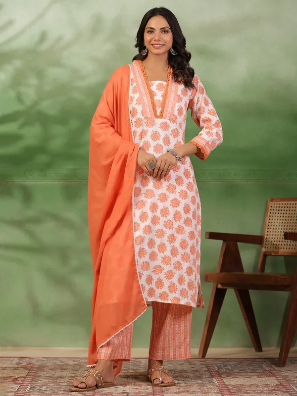 white and orange cotton kurti set