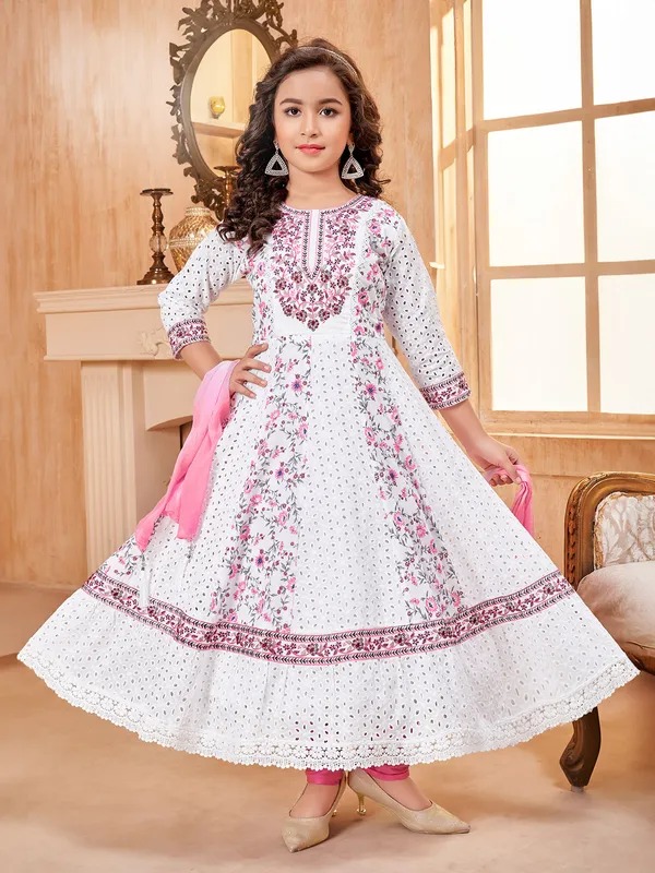 White and pink cotton embroidery salwar suit