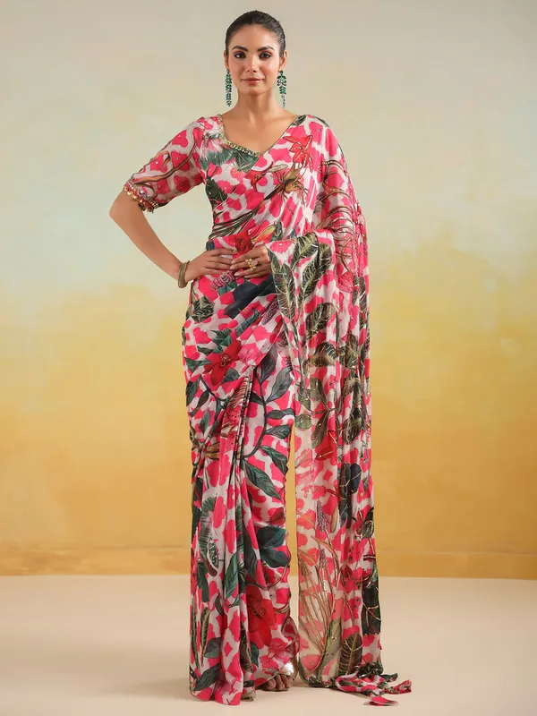 White and pink satin silk printed saree