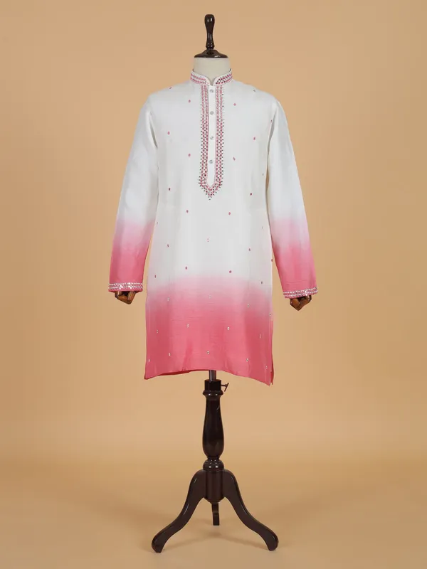 White and pink silk kurta suit for men