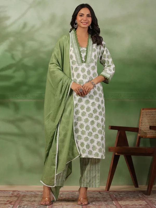 white and pista printed cotton kurti set