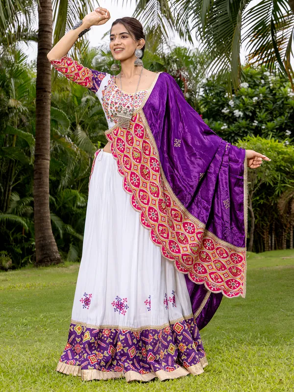 White and purple silk navratri lehenga choli