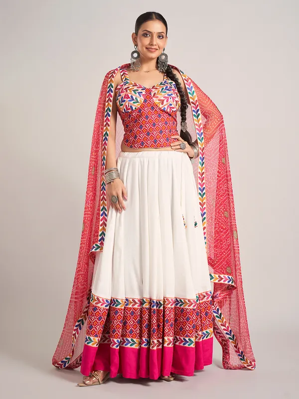 White and rani pink silk navratri chaniya choli
