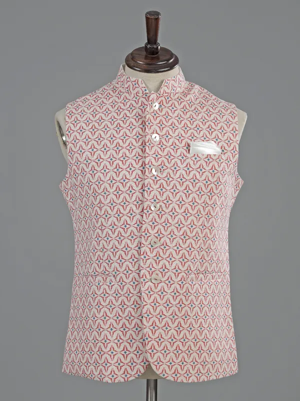 White and red printed cotton waistcoat