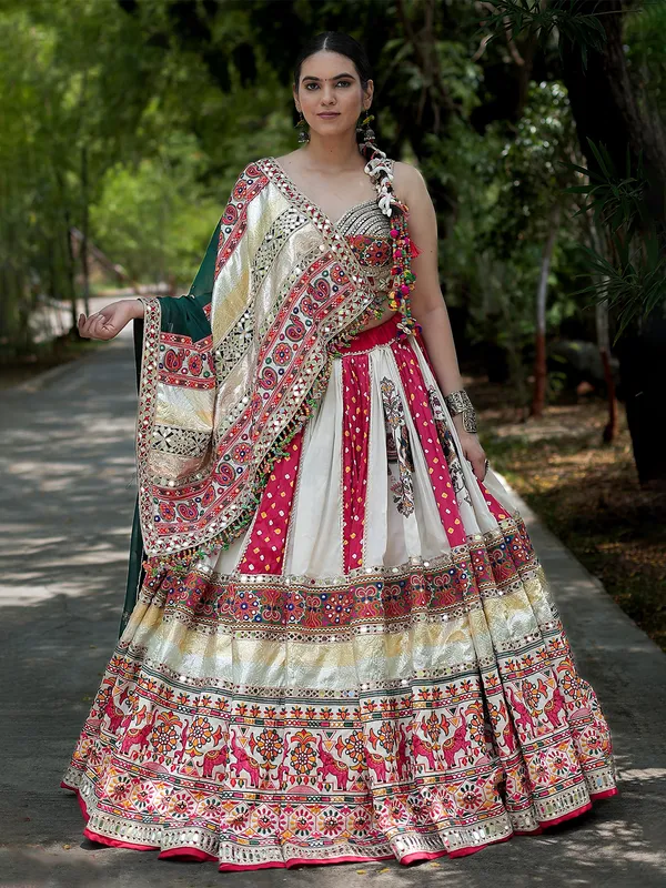 White and red silk navratri wear lehenga choli