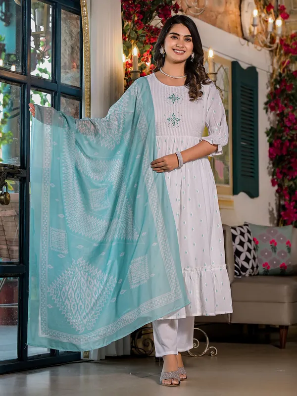 White and sky blue cotton kurti set