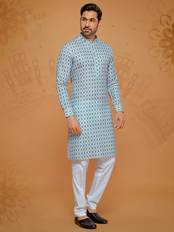 White and teal blue cotton printed kurta suit for men