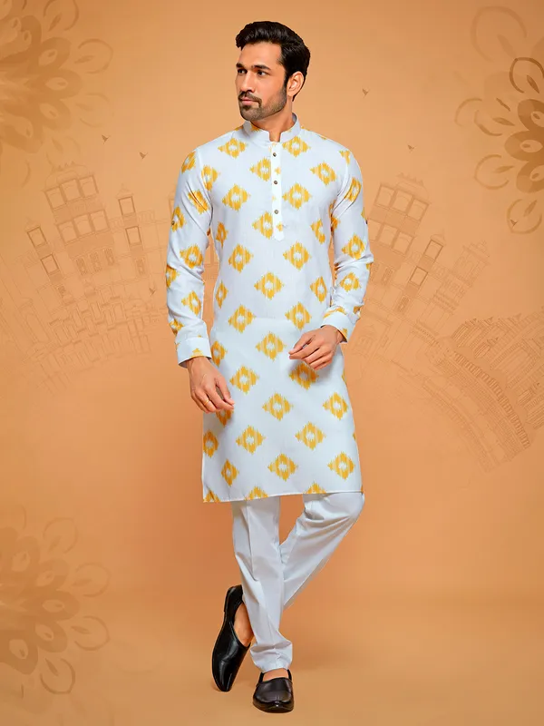 White and yellow cotton kurta set
