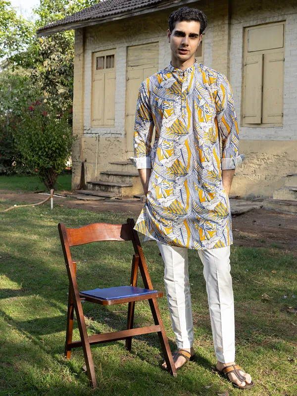 White and yellow kurta set with print