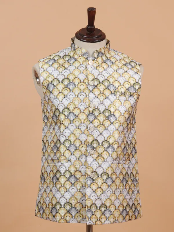 White and yellow printed cotton silk waistcoat