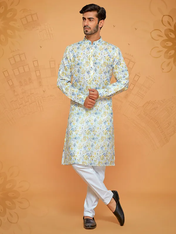White and yellow printed kurta suit for men