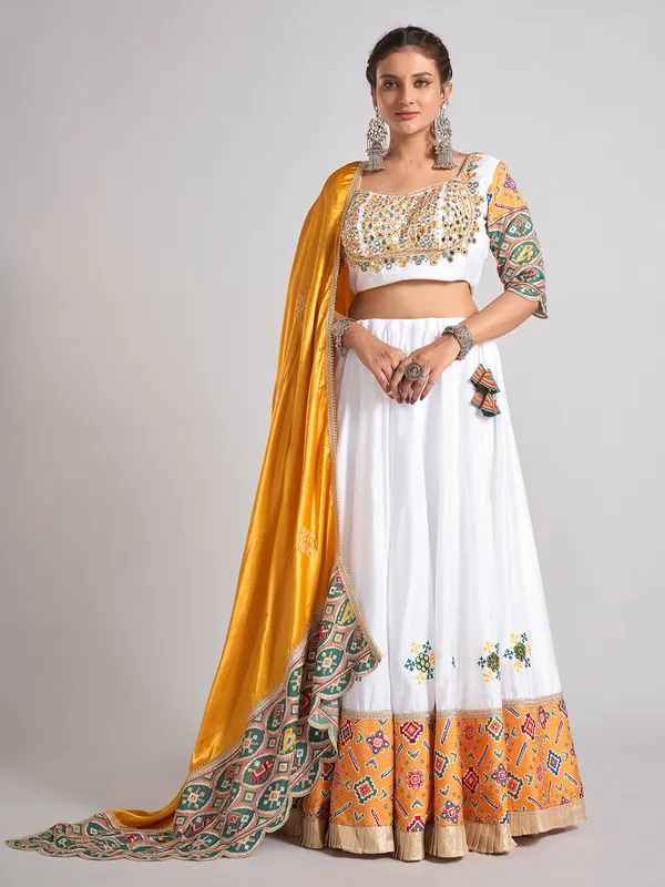 White and yellow silk navratri wear chaniya choli