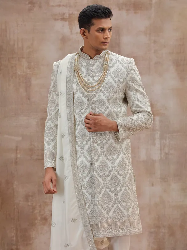 White art silk groom sherwani with dupatta