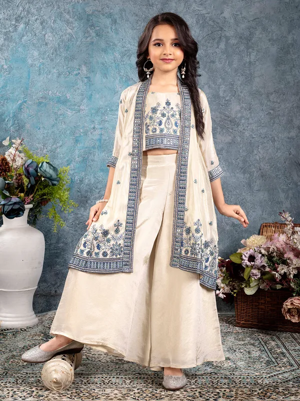 White blue jacket style palazzo salwar suit girls