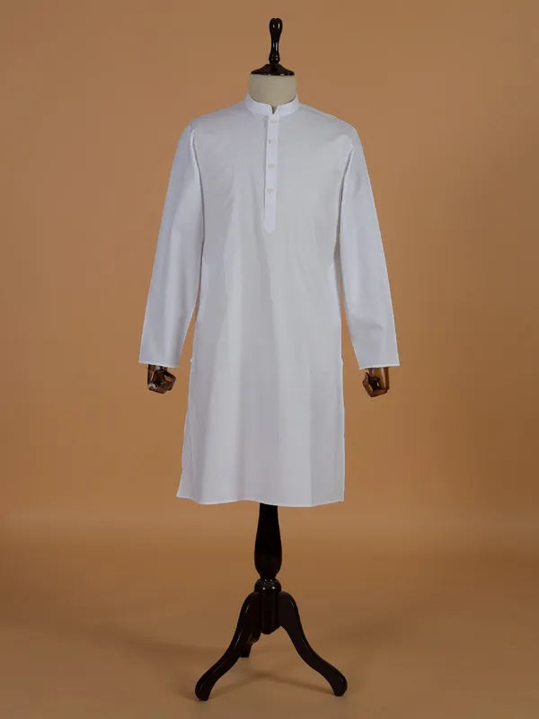 White cotton embroided kurta set for men