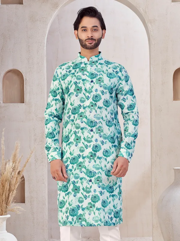 White cotton kurta pajama with print for mens