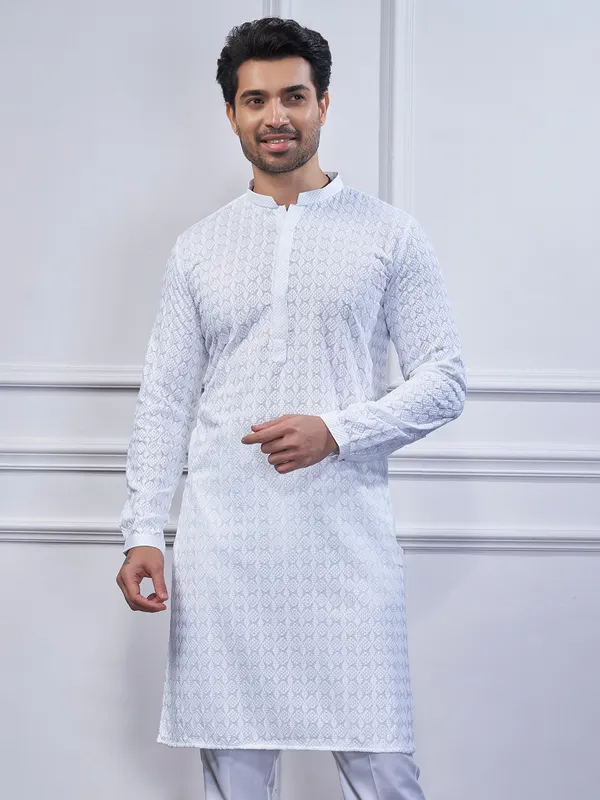 White cotton kurta suit for festive wear