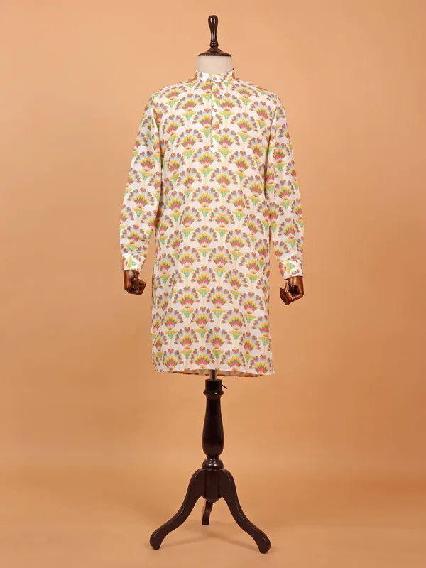 White cotton kurta suit in stylish print for men