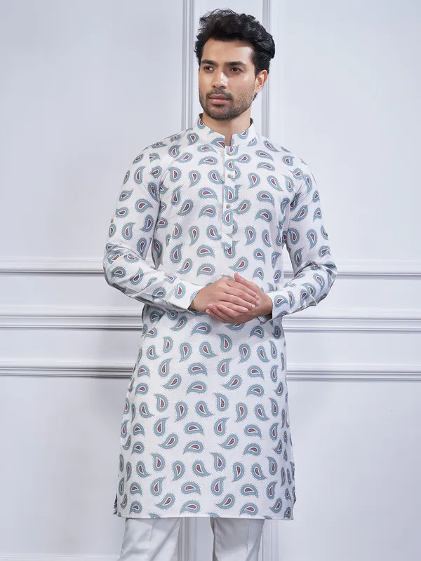 White cotton kurta suit with print for mens