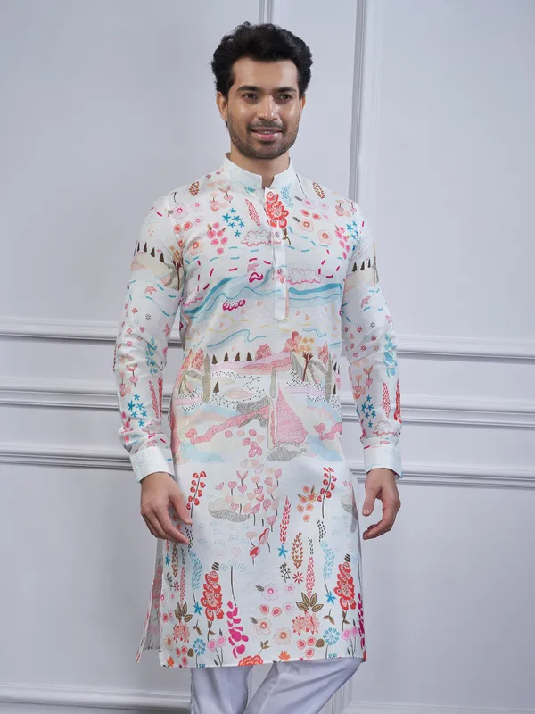 White cotton printed kurta suit for festival