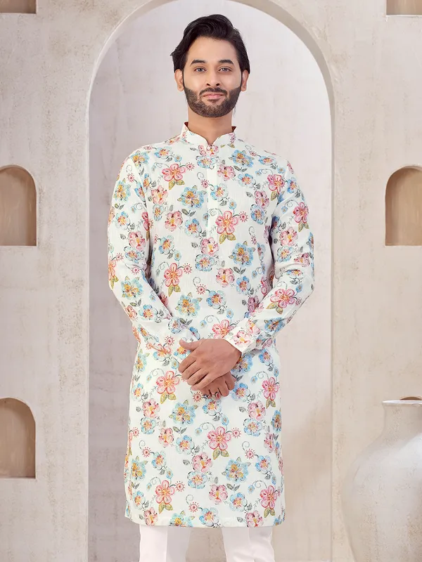 White cotton printed kurta suit for mens