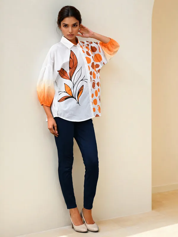 White cotton printed shirt for women