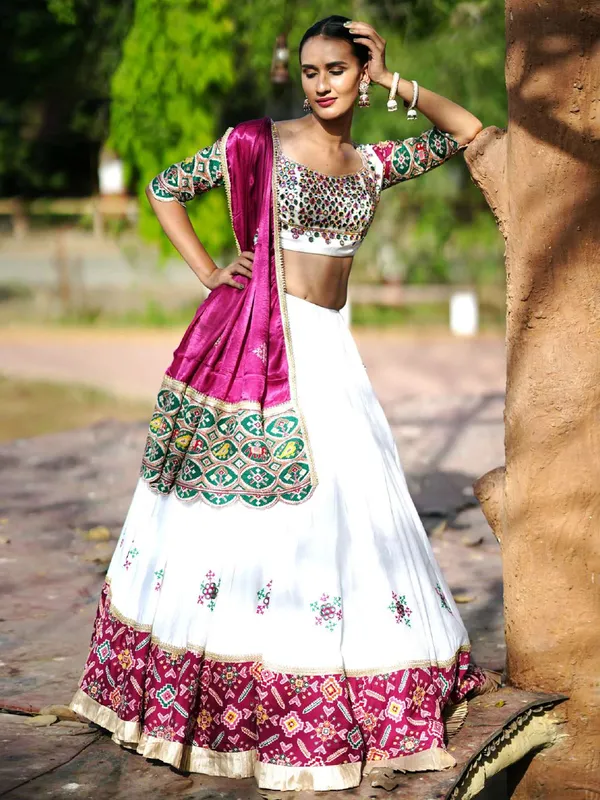 White cotton silk chaniya choli with dupatta