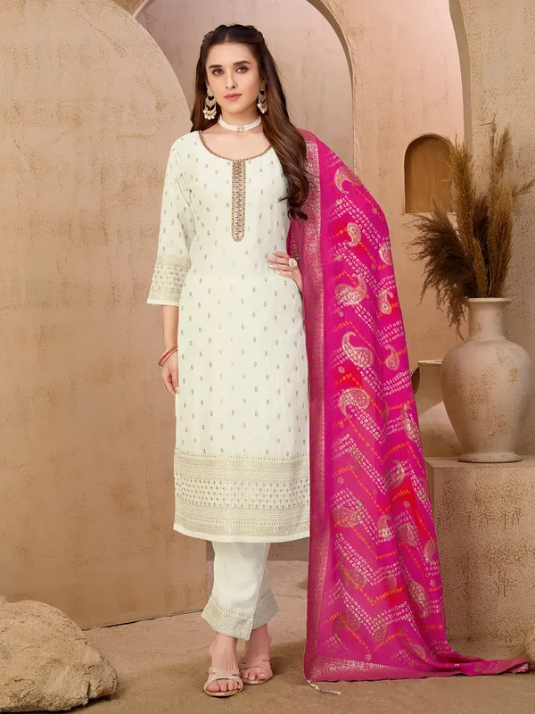 White cotton silk festive salwar suit with dupatta