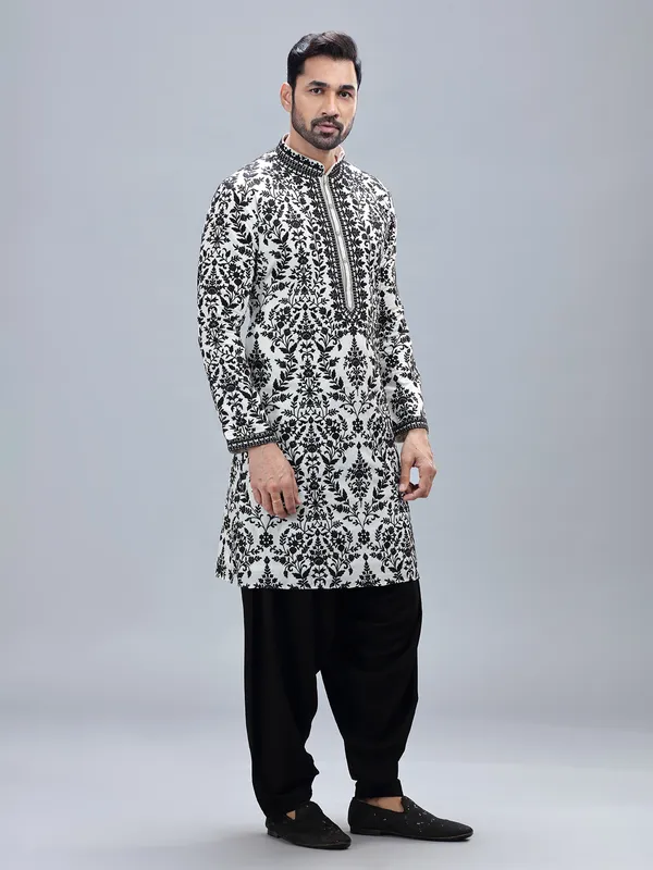 White cotton silk kurta set with matching patiyala