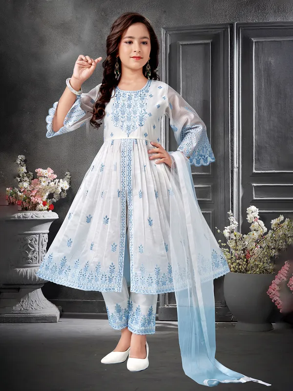 White cotton silk pant salwar suit with dupatta set