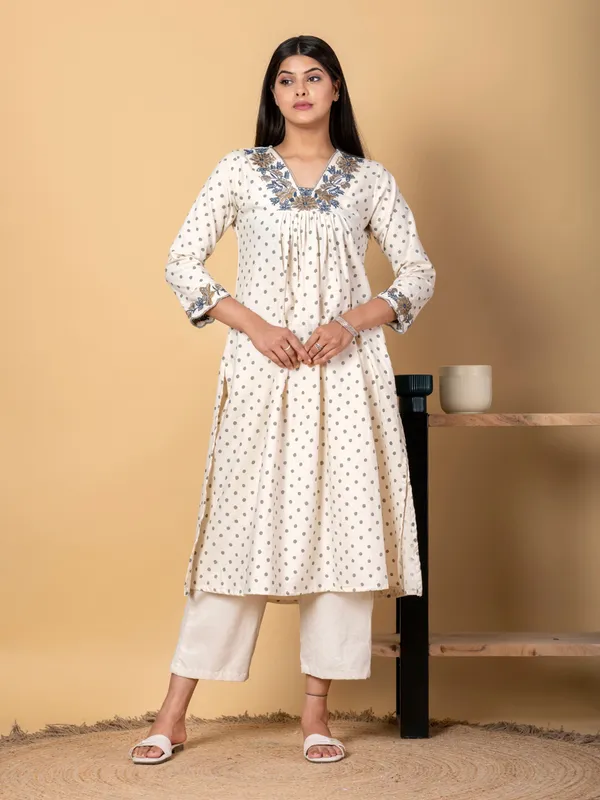 White cotton silk printed kurti palazzo set for women