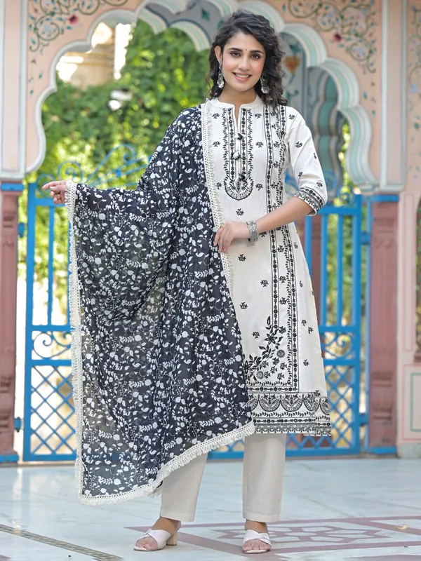 White cotton silk printed salwar kameez