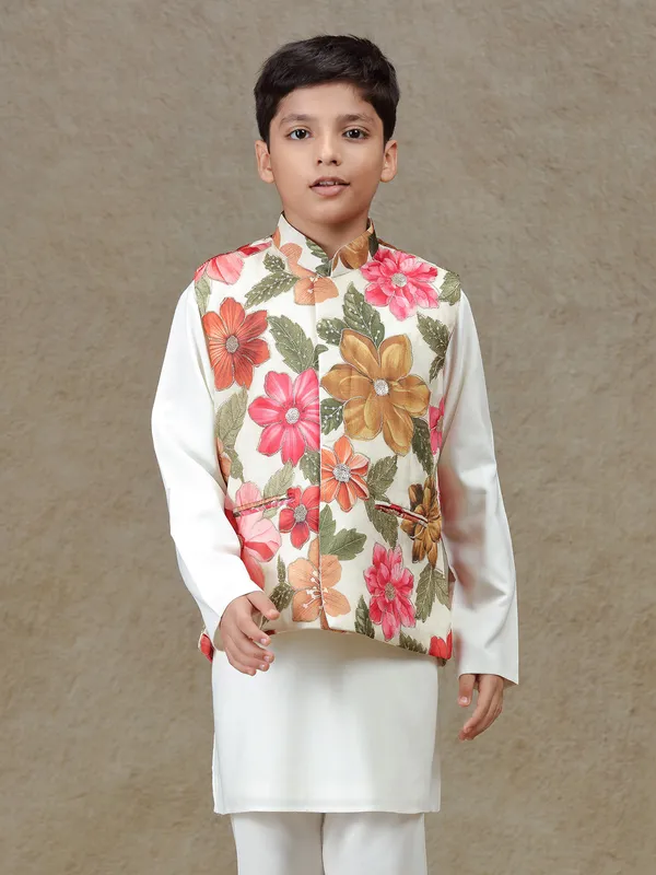 White cotton silk printed waistcoat set
