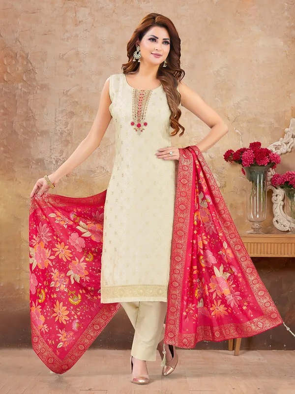White cotton silk salwar suit with designer detailing