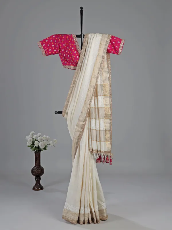 White cotton silk saree with designer blouse