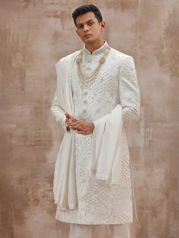 White dola silk sherwani with dupatta for wedding