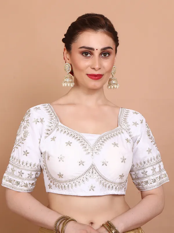 White embroidered silk elbow sleeves ready made blouse