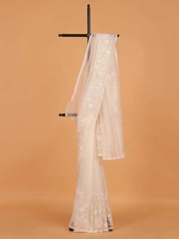White embroidery organza saree for women