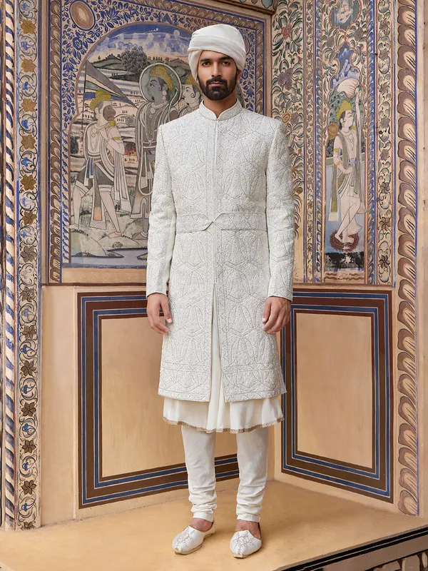 White embroidery sherwani