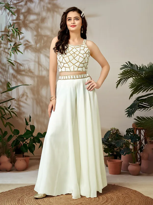 White ethnic palazzo suit with stones and cutdana