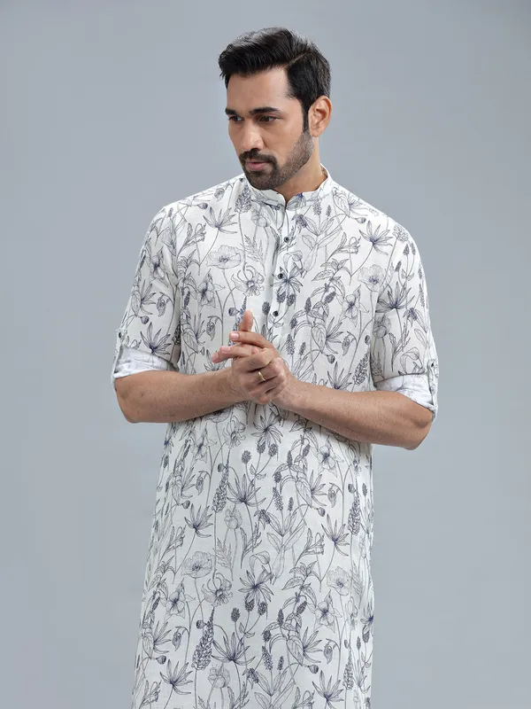 White fine linen printed kurta suit