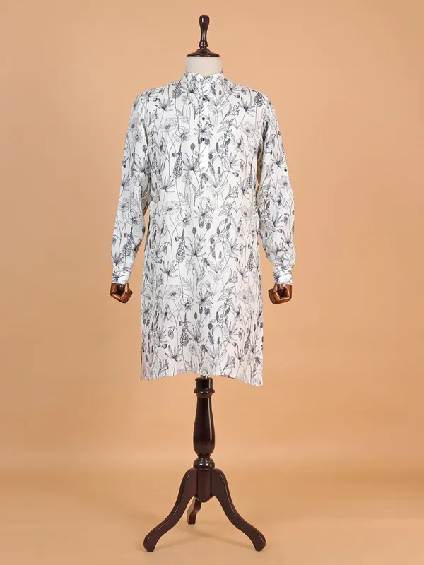 White floral print cotton kurta for men