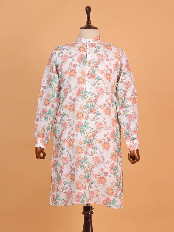 White floral printed cotton kurta for men