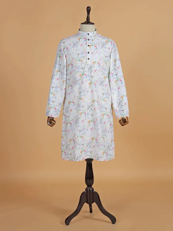 White floral printed cotton silk kurta suit for festive