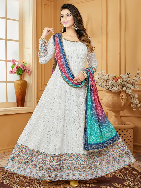 White georgette anarkali suit with dupatta