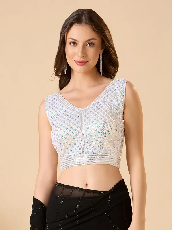 White georgette cutdana work sleeveless ready made blouse