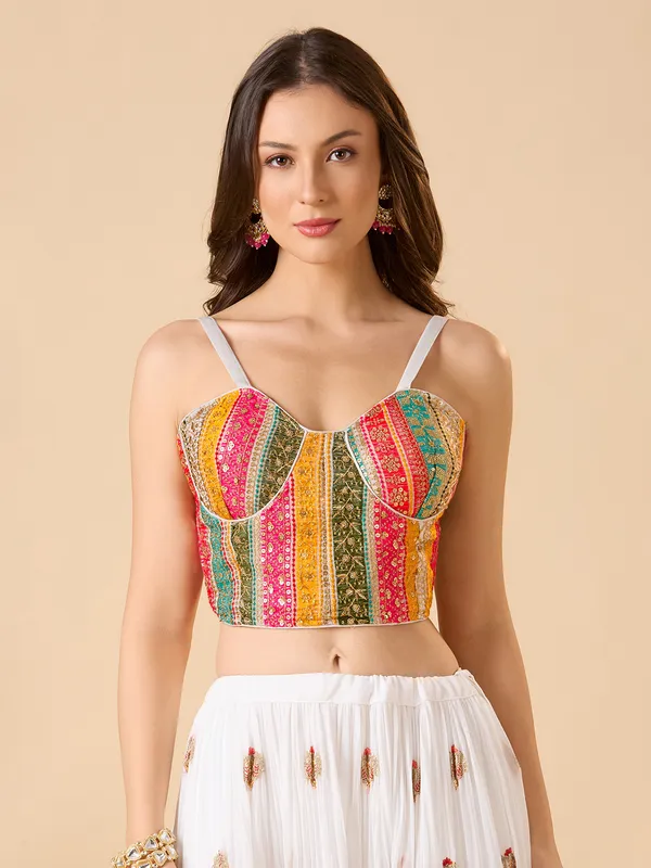 White georgette embroidered and sleeveless ready made blouse